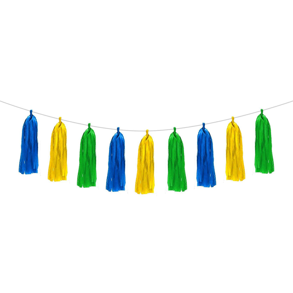 Azul Medio, Amarillo, Verde - Guirnalda Pompones Papel China (9pz) - tuglobero